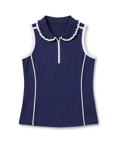 A sleeveless navy blue top with a white ruffled collar, a half-zip neckline, and white piping details along the sides, shown against a plain white background.