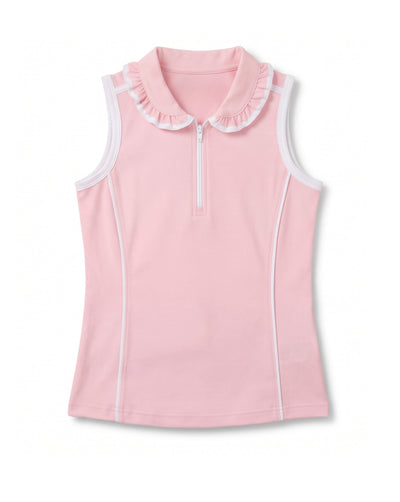 A sleeveless light pink polo-style top with a ruffled collar, a short front zipper, and white piping accents, shown on a plain white background.