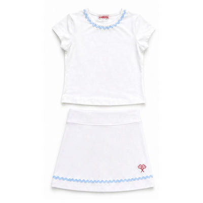 White tennis outfit with blue trim on a white background