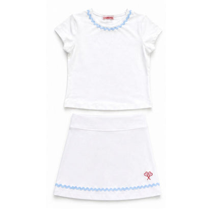 White tennis outfit with blue trim on a white background