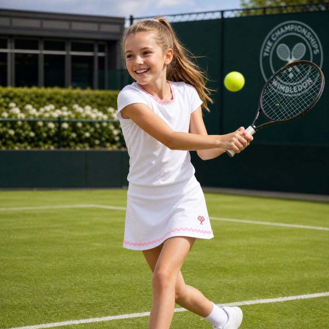 Young girl playing tennis on a grass court with Wimbledon logo in the background