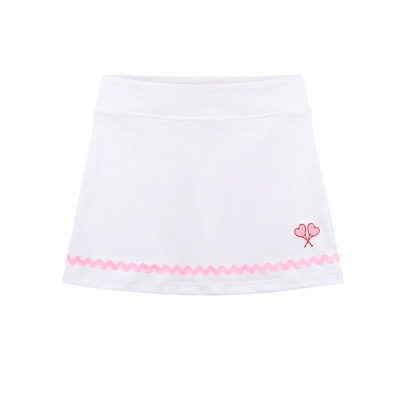 White skirt with pink trim and floral design on a white background