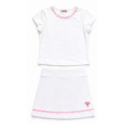 White dress with pink trim on a white background