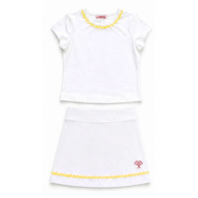 White dress with yellow trim on a white background