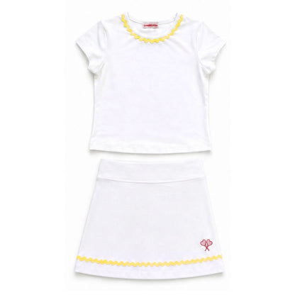White dress with yellow trim on a white background