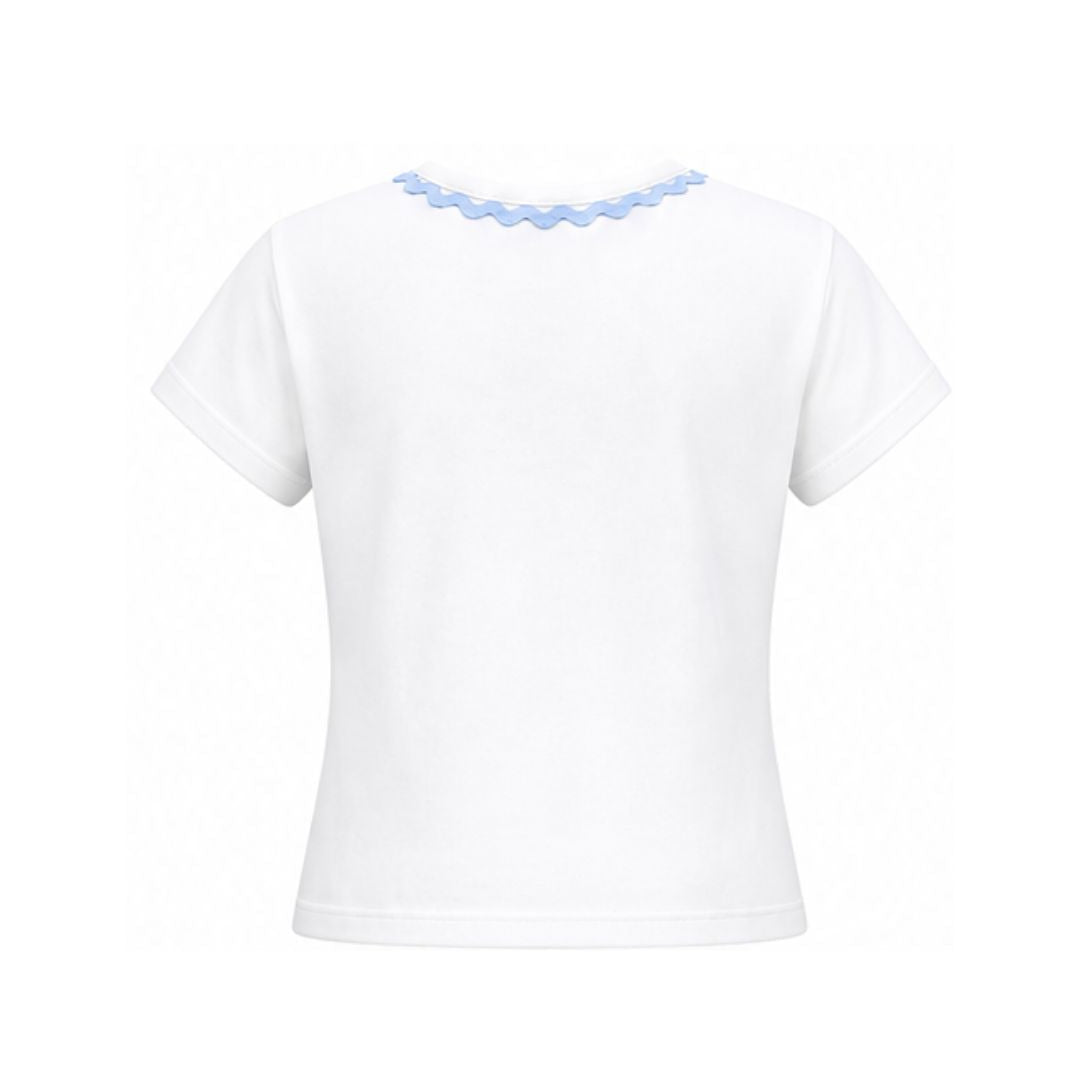 White t-shirt with lace trim on a white background