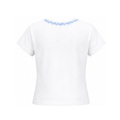 White t-shirt with lace trim on a white background