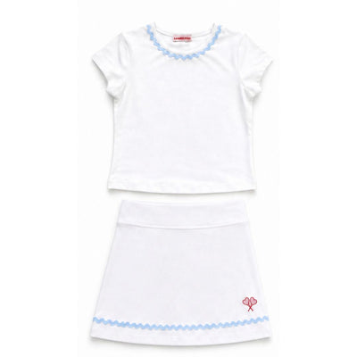 White tennis outfit with blue trim on a white background