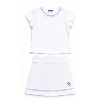 White tennis outfit with blue trim on a white background