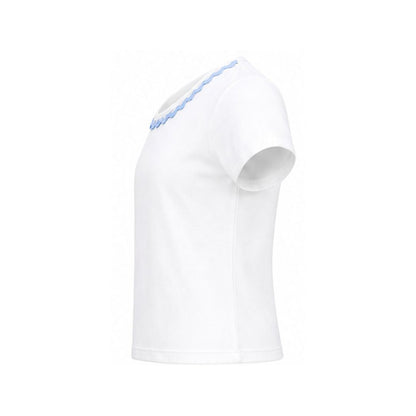 White athletic shirt with blue accents on a white background