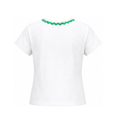 White t-shirt with green decorative neckline on a white background