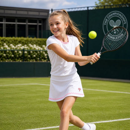Young girl playing tennis on a grass court with Wimbledon logo in the background