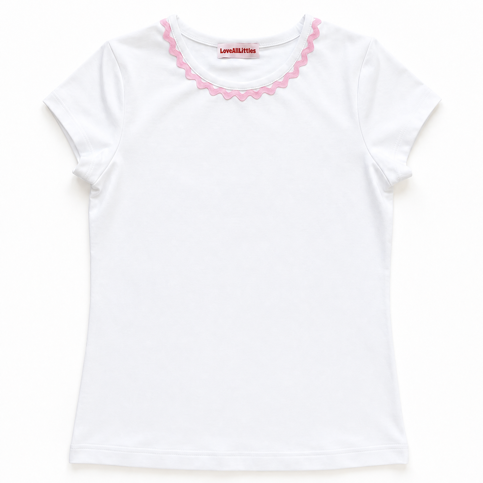 White t-shirt with pink trim on a white background