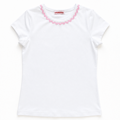 White t-shirt with pink trim on a white background