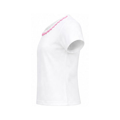 White one-shoulder top with pink detail on a white background