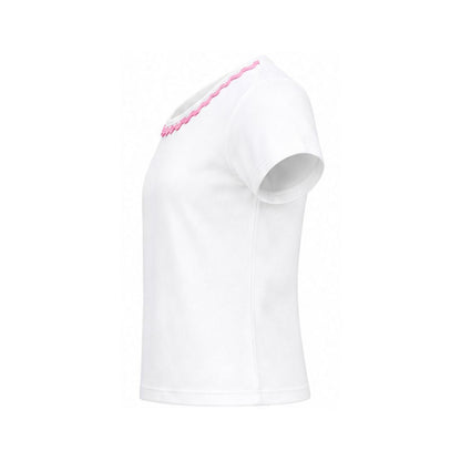 White one-shoulder top with pink detail on a white background