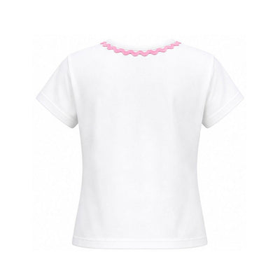 White t-shirt with pink trim on a white background
