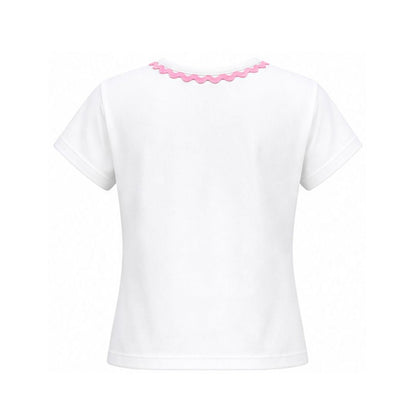 White t-shirt with pink trim on a white background