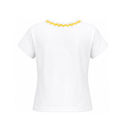 White t-shirt with yellow trim on a white background