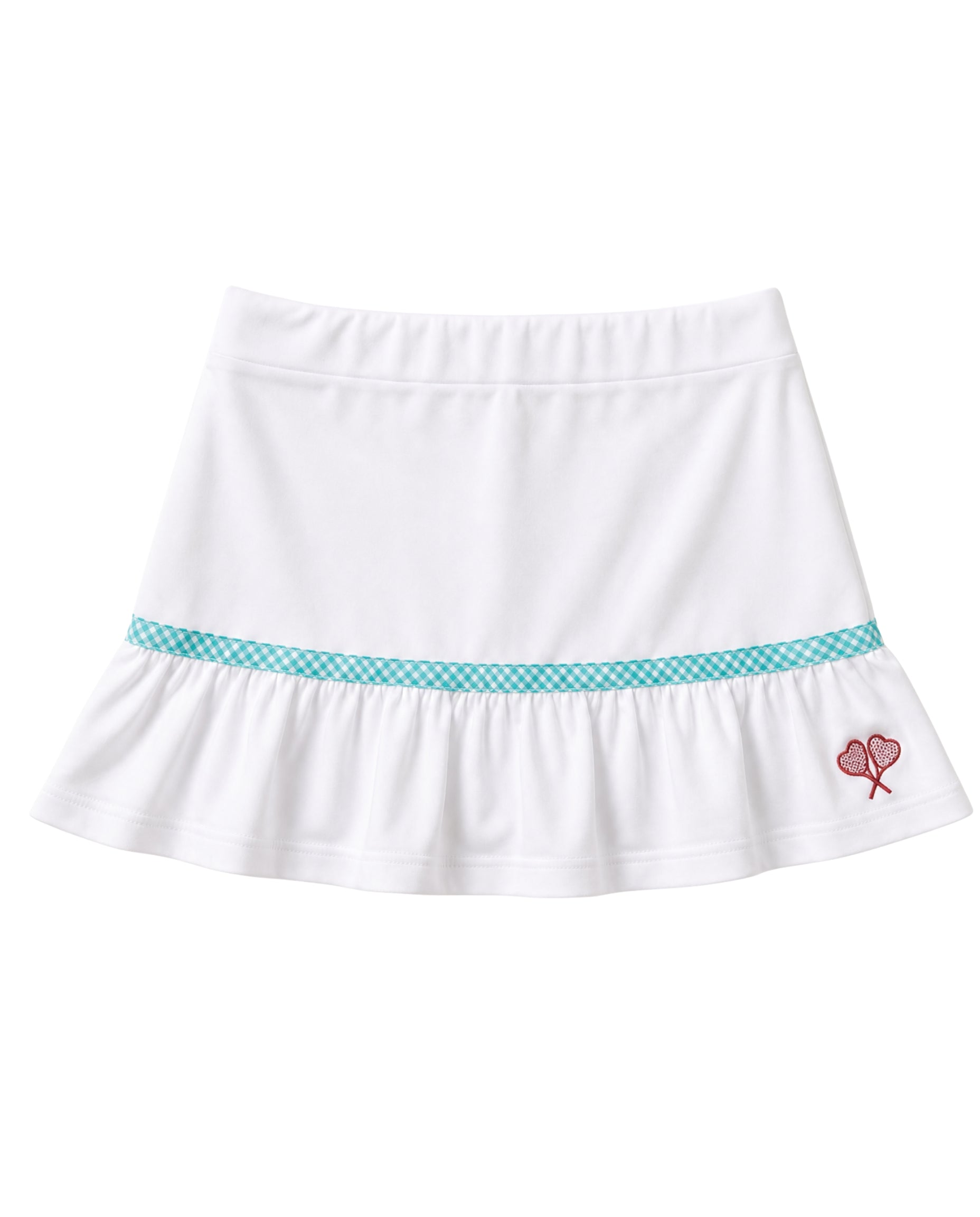 A white girls' tennis skirt with a ruffled hem, featuring a turquoise and white checkered waistband stripe and a small red embroidered tennis racket on the left side.