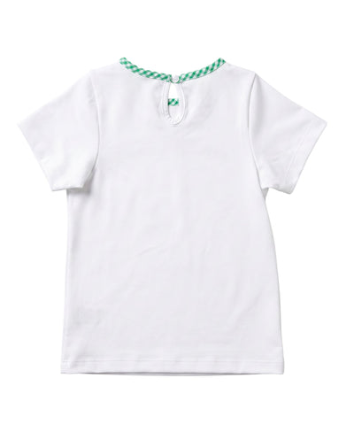 A white short-sleeve baby t-shirt shown from the back, featuring a green and white checkered rope-style collar with a small keyhole closure and a decorative bow.