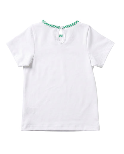 A white short-sleeve baby t-shirt shown from the back, featuring a green and white checkered rope-style collar with a small keyhole closure and a decorative bow.