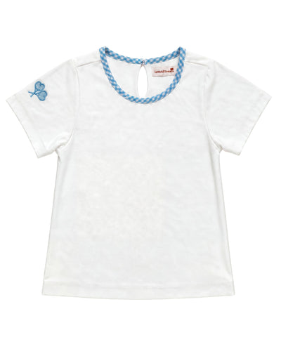 A white short-sleeve baby tee with a blue braided trim around the crew neck and a small blue crossed heart tennis rackets graphic on the left sleeve, shown flat on a white background.