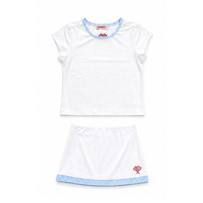 White tennis outfit with blue trim on a white background