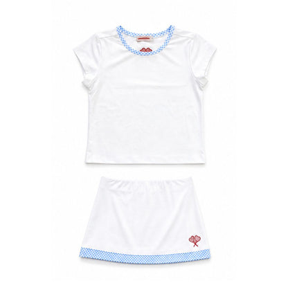 White tennis outfit with blue trim on a white background
