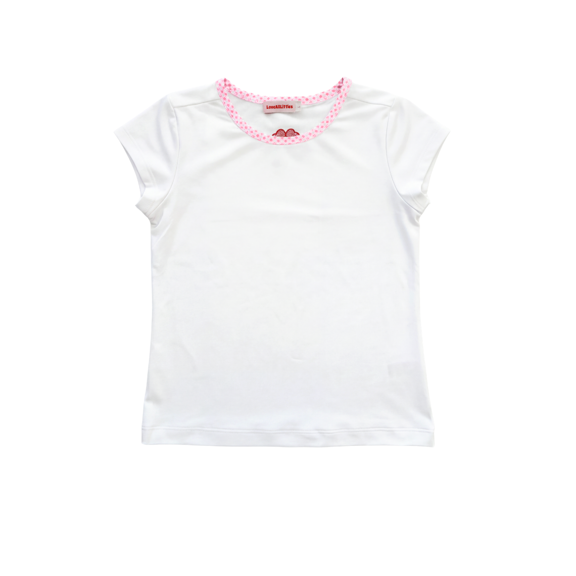White t-shirt with pink trim on a white background