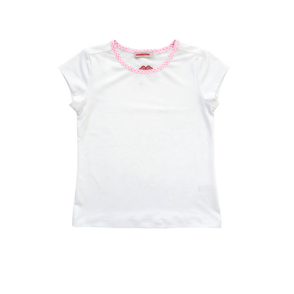 White t-shirt with pink trim on a white background
