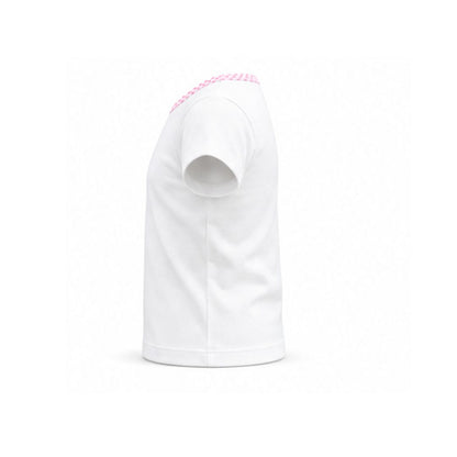 White t-shirt with pink trim on a white background