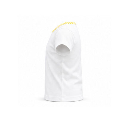 White t-shirt with yellow trim on a white background