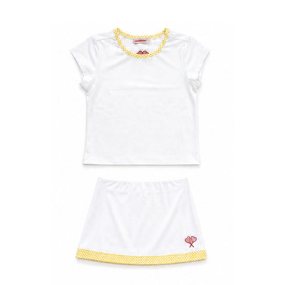 White tennis outfit with yellow accents on a white background