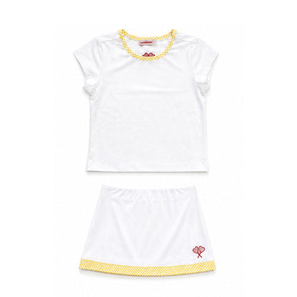 White tennis outfit with yellow accents on a white background