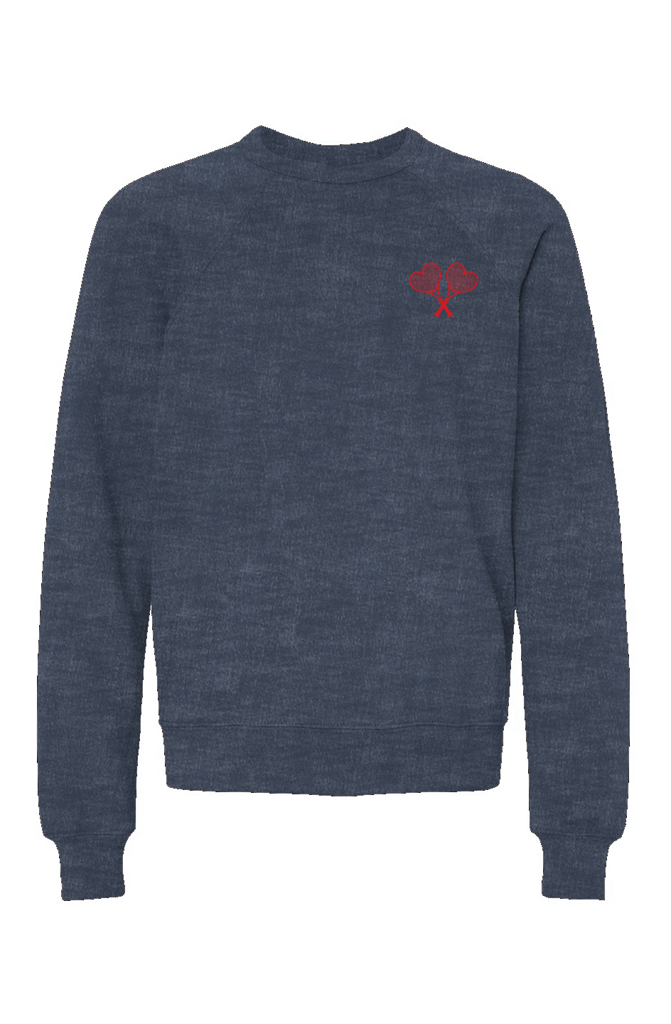 Heather navy sweatshirt with red logo on flat white background