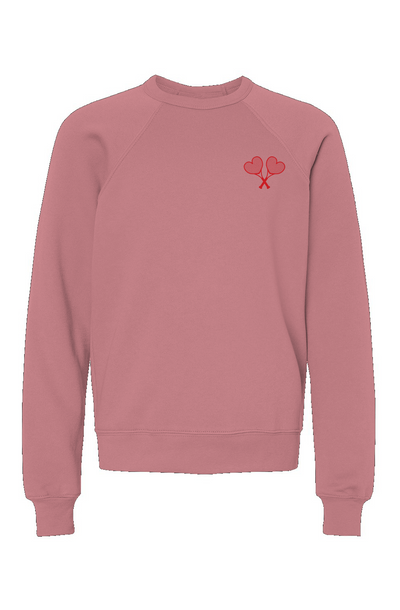 Mauve sweatshirt with red logo on flat white background