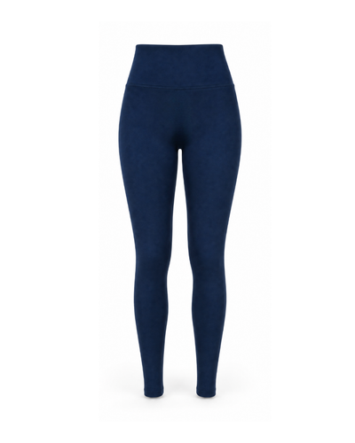 A pair of high-waisted navy blue leggings shown on a headless mannequin against a plain white background.