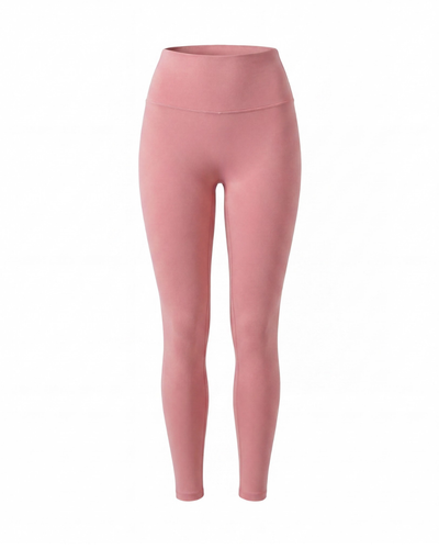 A pair of high-waisted, full-length leggings in a dusty rose pink color, shown on a plain white background.