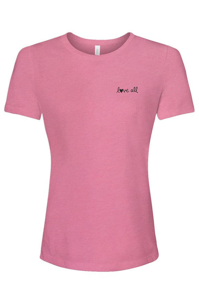 Pink t-shirt with 'love all' text on a white background
