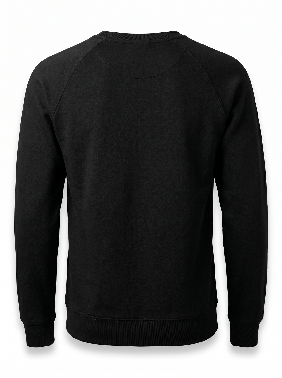 A black long-sleeve crewneck sweatshirt shown from the back, featuring raglan sleeves and ribbed cuffs and hem, displayed on a clean white background.
