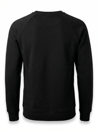 A black long-sleeve crewneck sweatshirt shown from the back, featuring raglan sleeves and ribbed cuffs and hem, displayed on a clean white background.