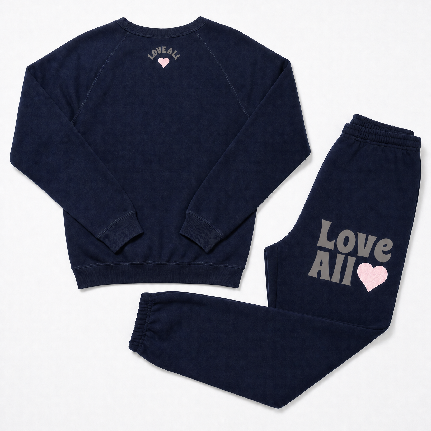 Navy blue sweatshirt and pants set with 'Love All' text and heart symbol on a white background