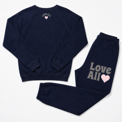 Navy blue sweatshirt and pants set with 'Love All' text and heart symbol on a white background