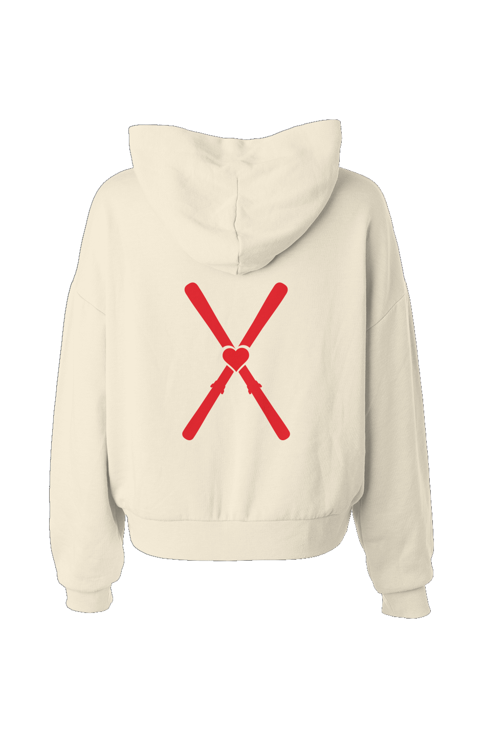 Beige hoodie with red logo design on the back against a white background