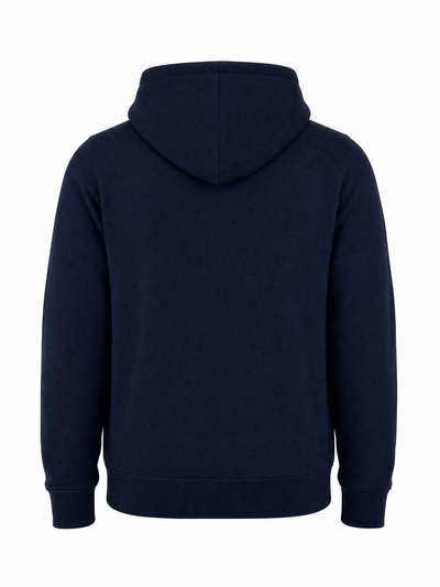 A dark navy blue hooded sweatshirt shown from the back, photographed against a solid white background.