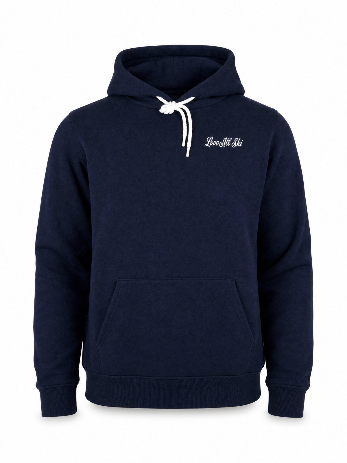 A navy blue pullover hoodie with white drawstrings and a small white script logo on the left chest reading 'Love All Ski'.