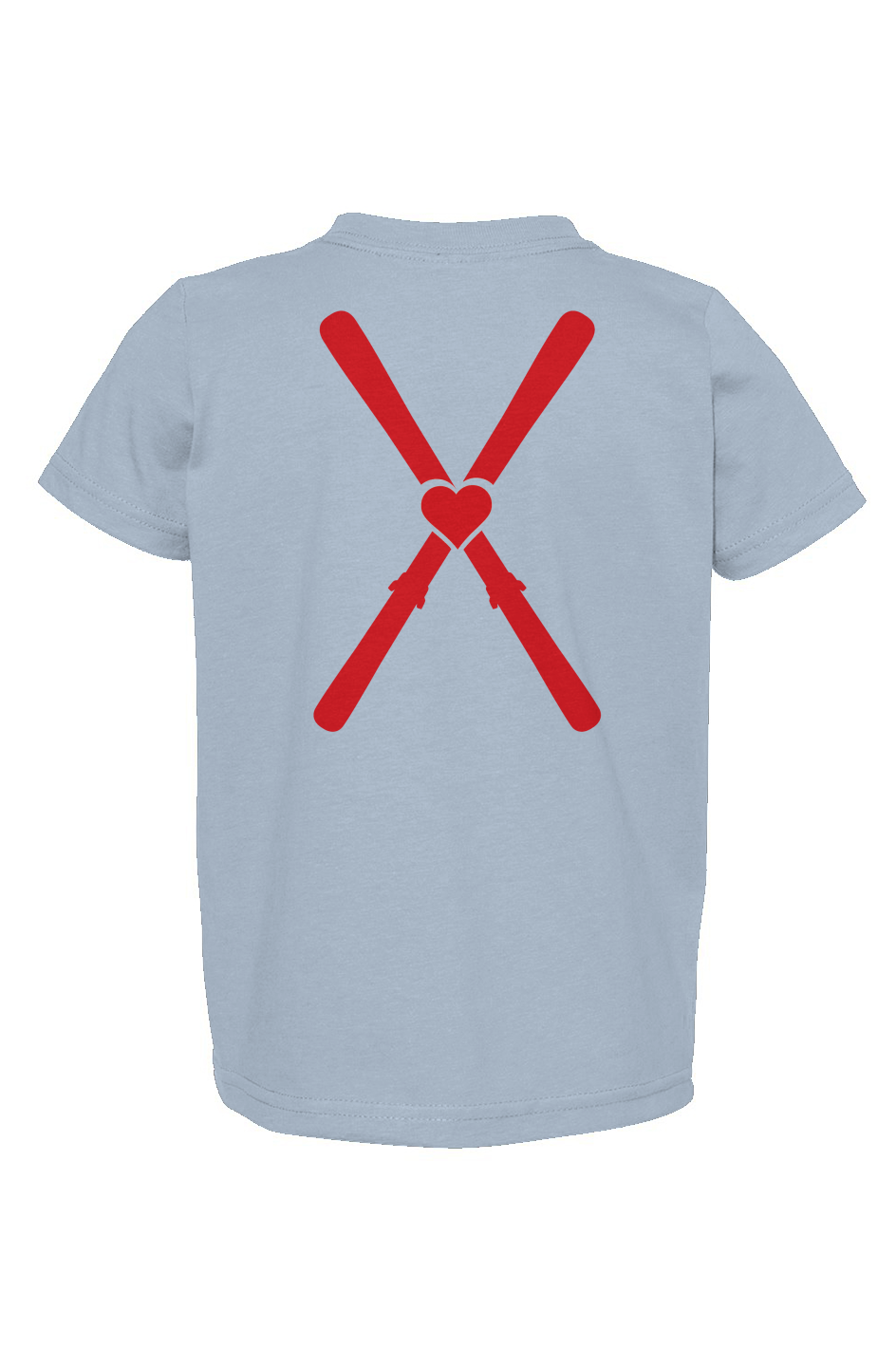 Light blue t-shirt with red heart and crossbones design on a white background