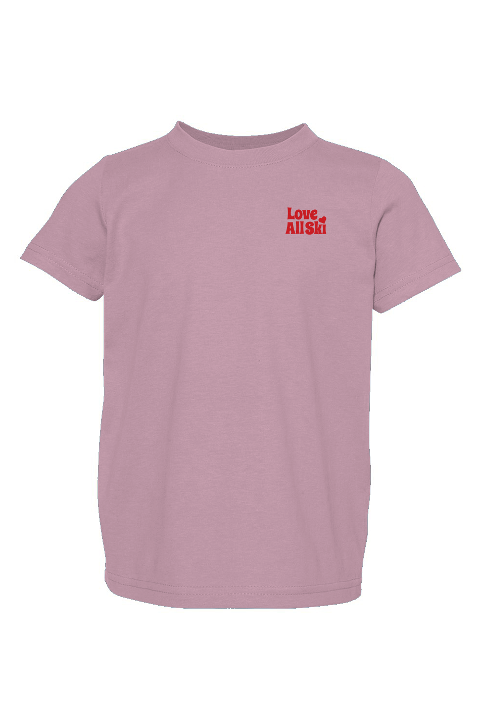Pink t-shirt with 'Love All Ski' text on a white background