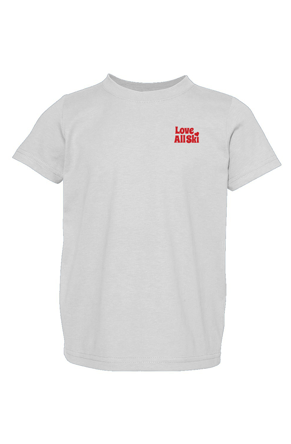 White t-shirt with 'Love All Ski' text in red on a white background